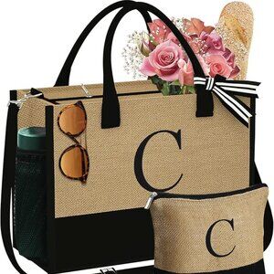 YOOLIFE Gifts for Women - Initial Jute Tote Bag & Makeup Bag